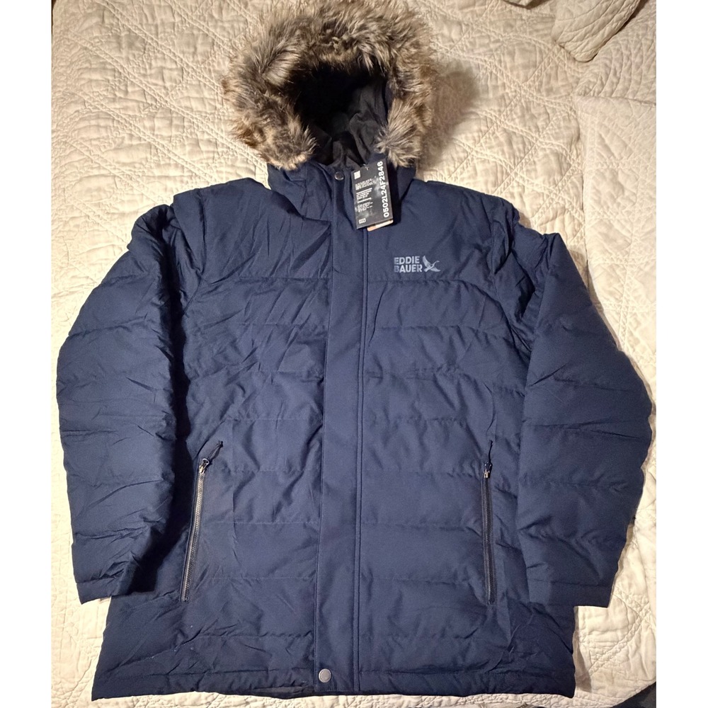 Eddie Bauer Boundary Pass Down Parka Mens XL Blue 650 Fill Faux Fur Hood New